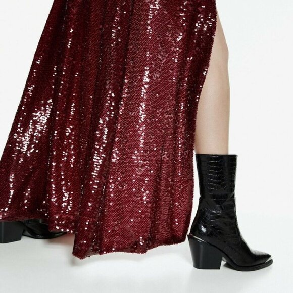 Zara Leather Cowboy Heel Ankle Boots With Metal Trim - Picture 6 of 8